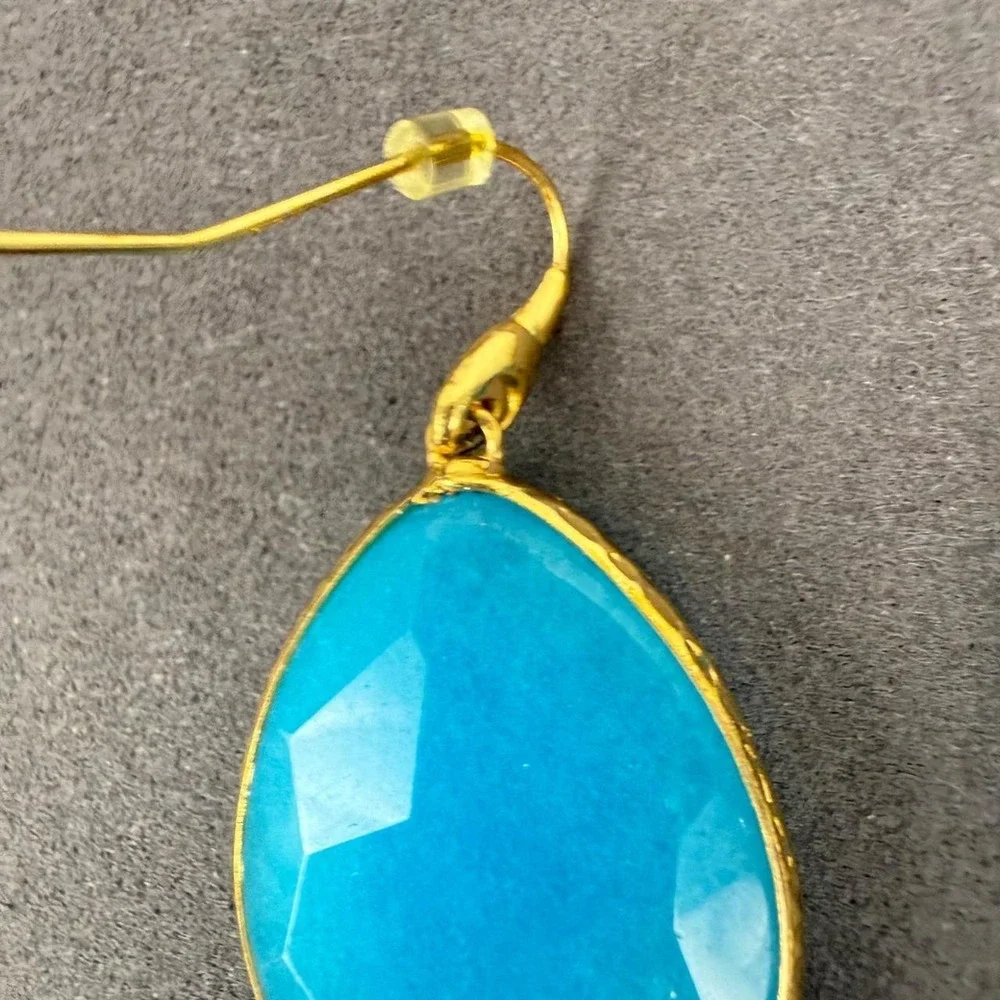 Turquoise Teardrop Earrings Faceted Stone Gold Tone Bezel Dangle Bohemian Style